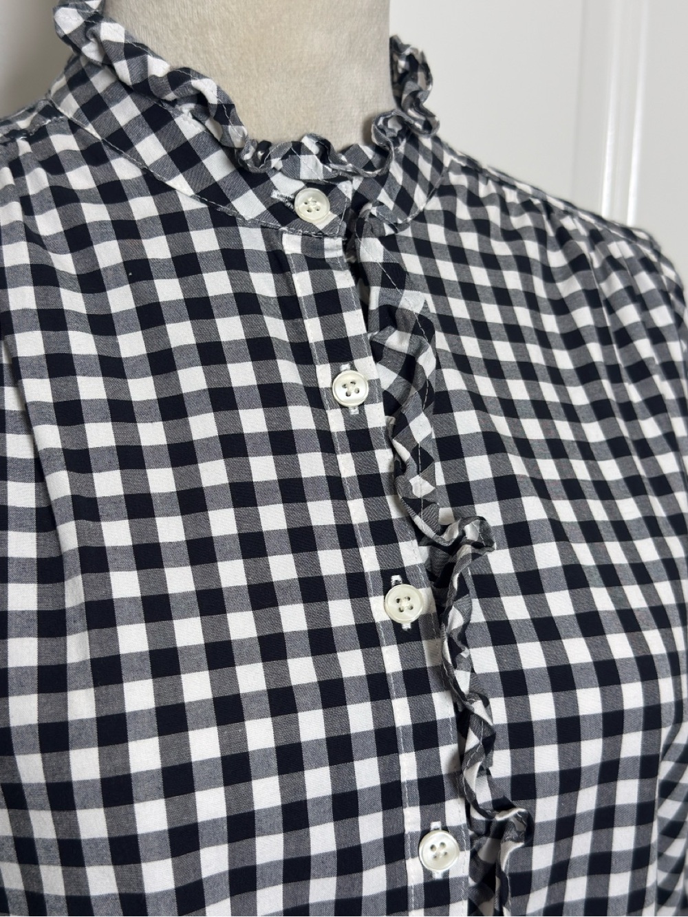 Ann Taylor Petite Black and White Gingham Ruffle Collar Button-Down Shirt - Picture 3 of 10
